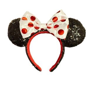 Authentic Disney Black, Red & White Minnie Sequin Ears with Polka Dot Bow - NWOT